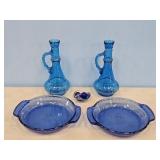 BLUE GLASS LIQUOR DECANTS & 2 GLASS BLUE PIE PLATE