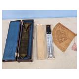 HAND FAN, COOKING THERM. EARLY LEATHER TYPE CASE