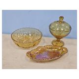 INDIANA GLASS RELISH DISH & AMBER GLASS CANDY DISH