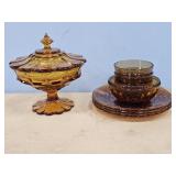 AMBER GLASS CANDY DISH, INDIANA GLASS PLATES