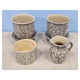 BLUE SPONGEWARE PLANTERS, CREAMER & 1 PT