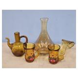 AMBER GLASS VASE,  MINI CUPS, CRUET