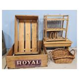WOODEN STOOL, SHELF, FRUIT BOXES