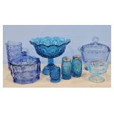 BLUE PEDESTAL COMPOTE BOWL & OTHER BLUE GLASSWARE