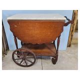 WOODEN TEA CART W/DROP LEAVES & MARBLE TOP