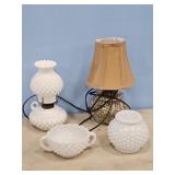 WHITE MILK GLASS HOBNAIL OIL LAMP & SHADE