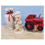PRECIOUS MOMENT, VASE, TOY TRACTOR FIGURINE