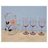 ENAMAL PAINTED WATER PITCHER & 3 NON MATCHING