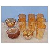 CARNIVAL GLASS CUPS, TEA PLATES