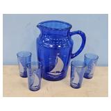 COBALT BLUE GLASS PITCHER W/4 CUPS