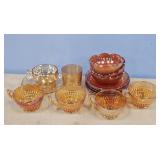 MARIGOLD CARNIVAL GLASS CUPS & DESSERT BOWLS