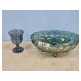 IRIDESCENT GREEN CARNIVAL GLASS FOOTED BOWL & TUMB