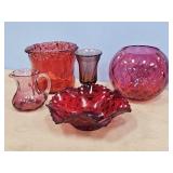 FENTON CANDY DISH, FENTON CRANBERRY BALL VASE
