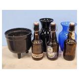 EMPTY BEER BOTTLES, VASES, CAULDRON