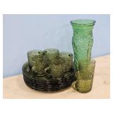GREEN CUPS & PLATES SET, VASE
