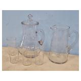 2 ETCHED WATER PITCHER & 4 TUMBLERS
