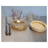 MARIGOLD CARNIVAL GLASS RELISH DISH, GLASS JUICER