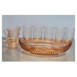 PINK DEPRESS. CANDY DISH & 5 TUMBLERS