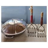 METAL BOWL W/LID/VINTAGE POTATOE MASHERS
