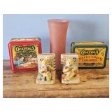 CERAMIC BEAR BOOK ENDS/CRAYOLA TINS OF CRAYONS