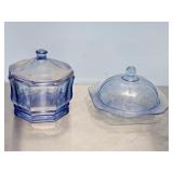 2 BLUE COVERED CANDY DISHES