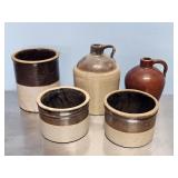 FLAT W/2 SMALL CROCK JUGS & 3 BROWN/WHITE CROCKS