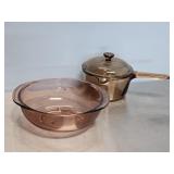 AMBER GLASS SAUCEPAN W/LID & CRANBERRY MIXING BOWL