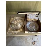 Sterling plate & glass dishes and a box of clowns