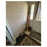 American flag, broom, dust pans and contents of