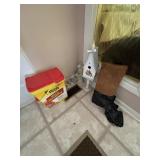 Birdhouse, yard ornaments, weedeater & garden mat