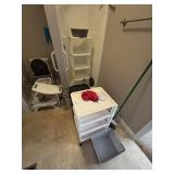 Storage bins, handicap chair & cleaning supplies