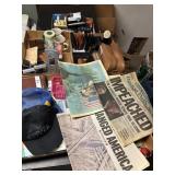 5 flats w news paper articles, man bags, see desc