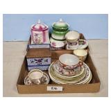 TEA CUPS, SALT BOX, CRACKER JARS