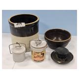 CHEESE CROCKS, CROCK BOWL & BROWN/WHITE CROCK