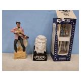 3 ELVIS DECANTERS & DOLL HEAD