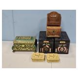 3 EARLY TINS, WOOD STAMP SAVER STORAGE BOX