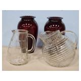 POT BELLY GLASS MEASURING PITCHER, BEEHIVE WATER
