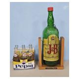 J&b EMPTY WISKEY BOTTLE W/HOLDER, PEPSI BOTTLES
