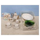 GREEN CANDY DISH, TEA POT, CREAMER, SUGAR