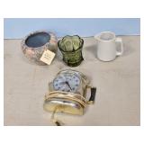 FOSTORIA COIN GLASS DISH, CLOCK, ROSEVILLE POTTERY