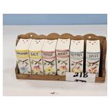JAPAN CERAMIC SPICE SET W/WOOD RACK & FRUIT MOTIF