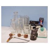 MISC. GLASSWARE, KNIFE SHARPENERS, CAN OPENER