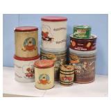 EARLY TINCANISTER SET, ASSORT. TINS