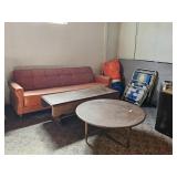 COFFEE TABLES, ORANGE LEATHER TYPE SOFA