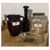 SQUARE JAR W/ LID, RED WATER PITCHER