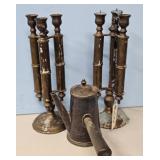 PAIR OF BRASS TYPE CANDLE HOLDERS & SILVER PLATE