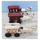 3-CAST IRON HORSE DRAWN MILK & ICE WAGONS