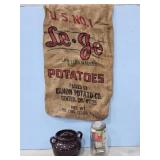 BROWN BEAN POT W/LID, COFFEE GLASS JAR W/MATCHES,