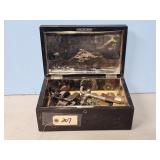 SILVER LINED HINGED BOX W/EARLY FAUCET, SMALL VISE