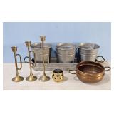 TIN BUCKET DISPLAY-BRASS TRUMPET CANDLEHOLDERS